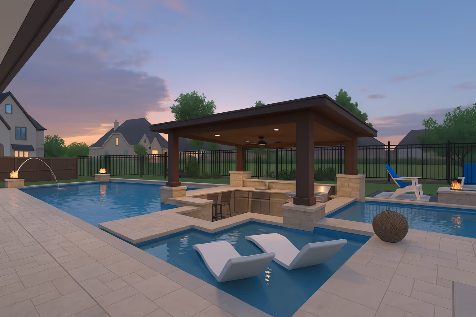 3D digital rendering of a custom pool and outdoor living design